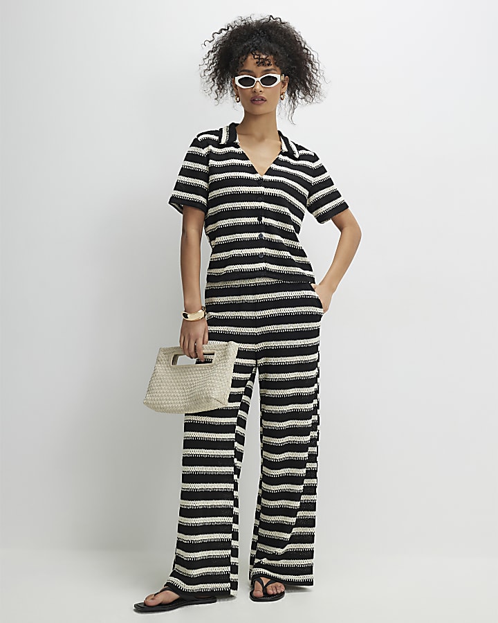 Black Short Sleeve Striped Textured Shirt