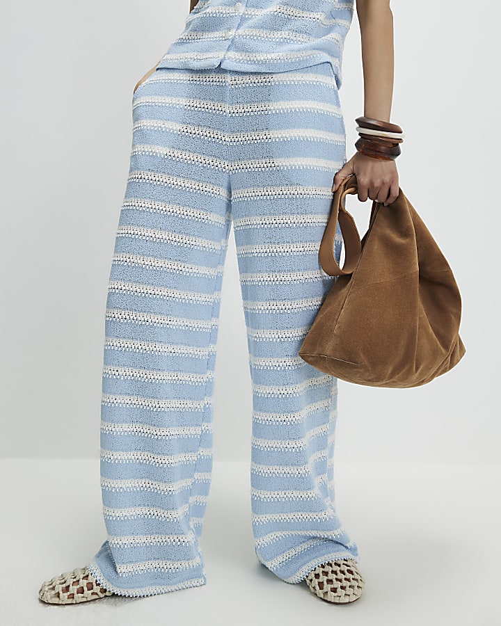 Blue Striped Textured Wide Leg Trousers