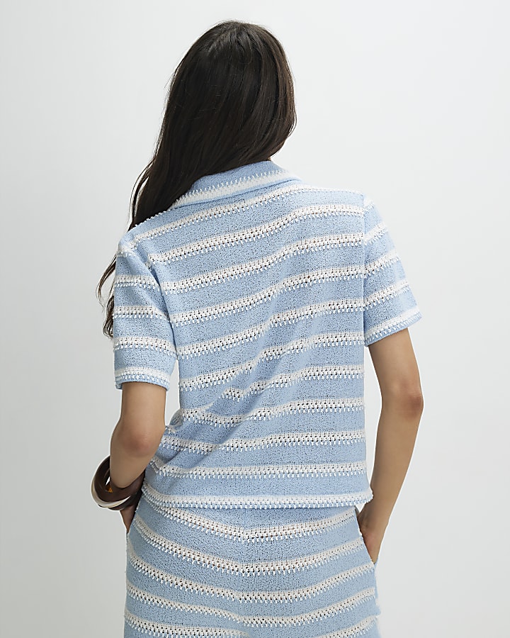 Blue Short Sleeve Striped Textured Shirt