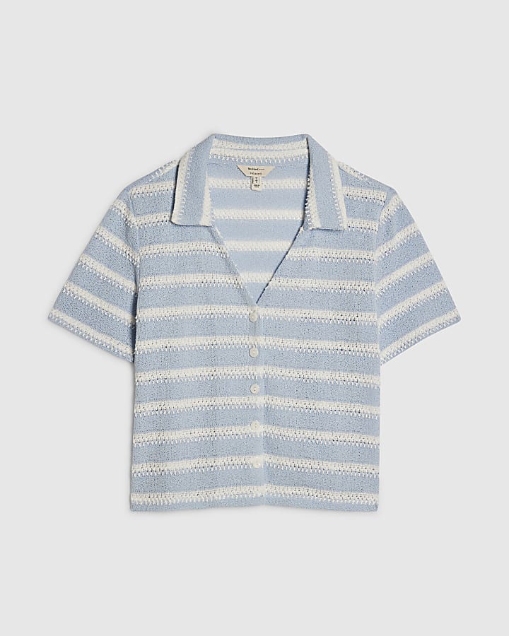 Blue Short Sleeve Striped Textured Shirt