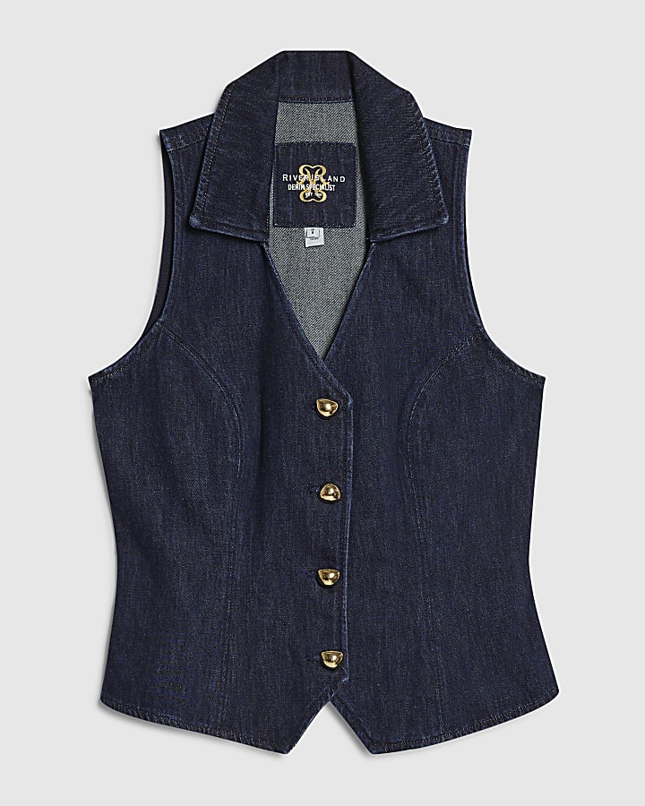 Blue Collared Denim Waistcoat