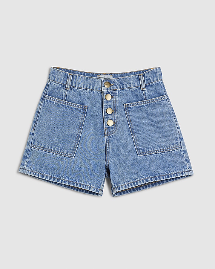 Blue Pocket Front Button Up Denim Shorts
