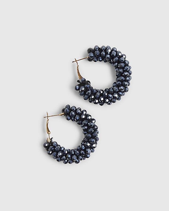 Blue Beaded Hoop Earrings