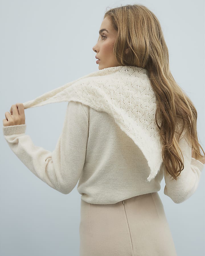 Cream Lace Knit Scarf Neck Jumper