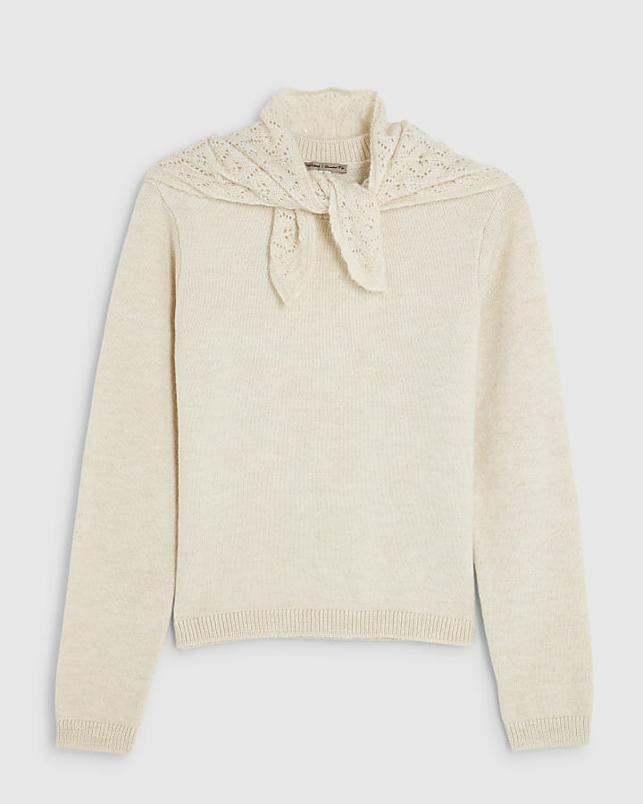 Cream Lace Knit Scarf Neck Jumper