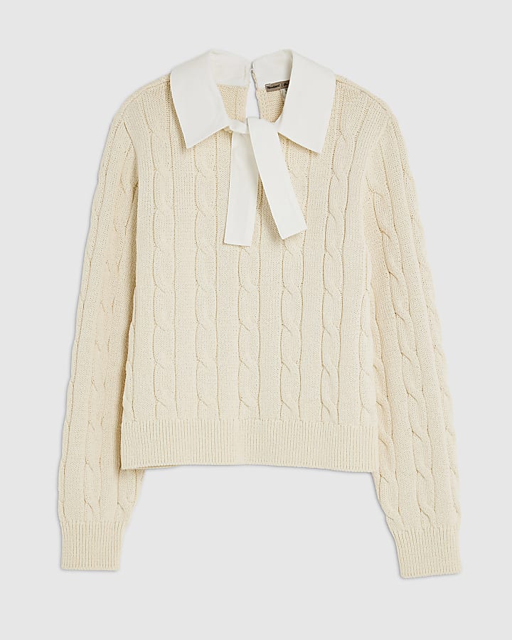 Cream Long Sleeve Bow Cable Knit Jumper