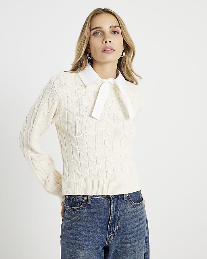 Cream Long Sleeve Bow Cable Knit Jumper
