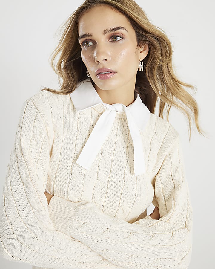 Cream Long Sleeve Bow Cable Knit Jumper