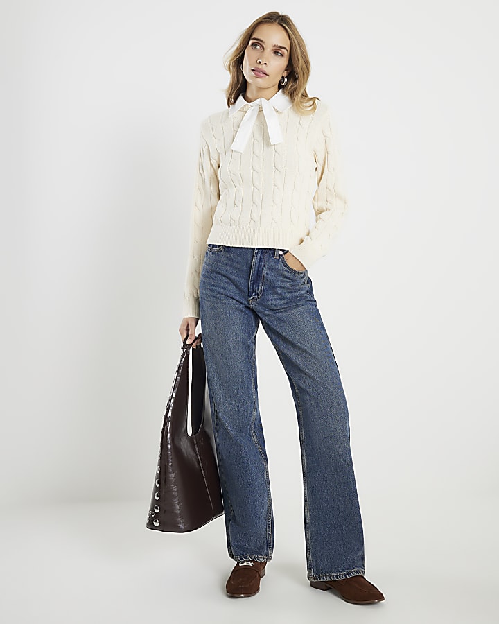 Cream Long Sleeve Bow Cable Knit Jumper