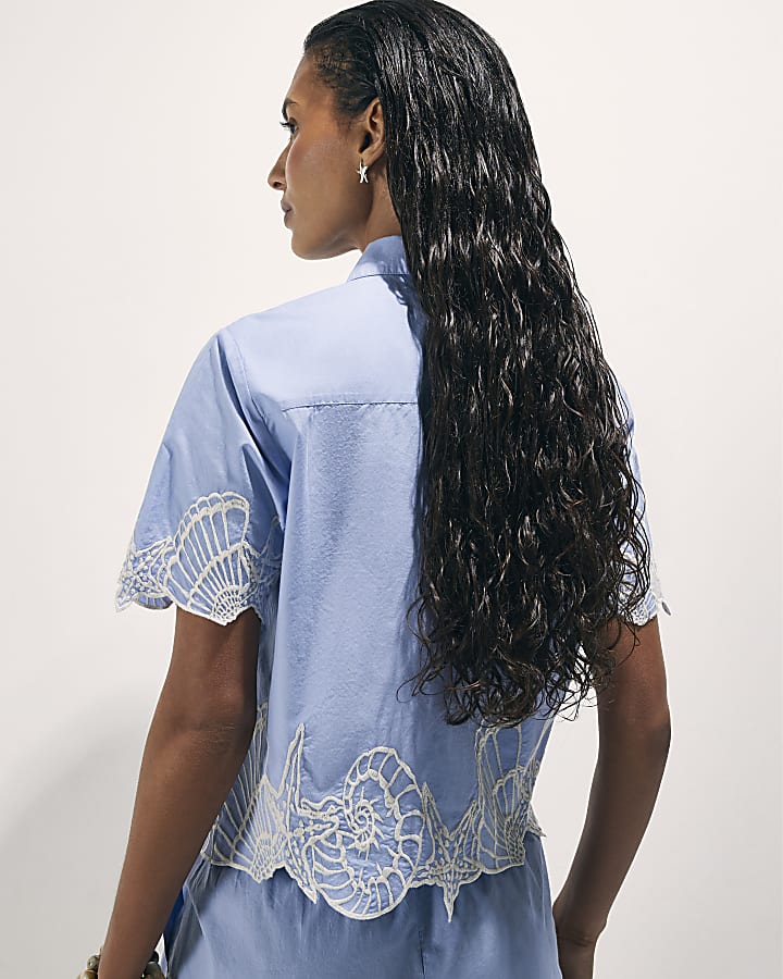Blue Shell Embroidered Hem Shirt
