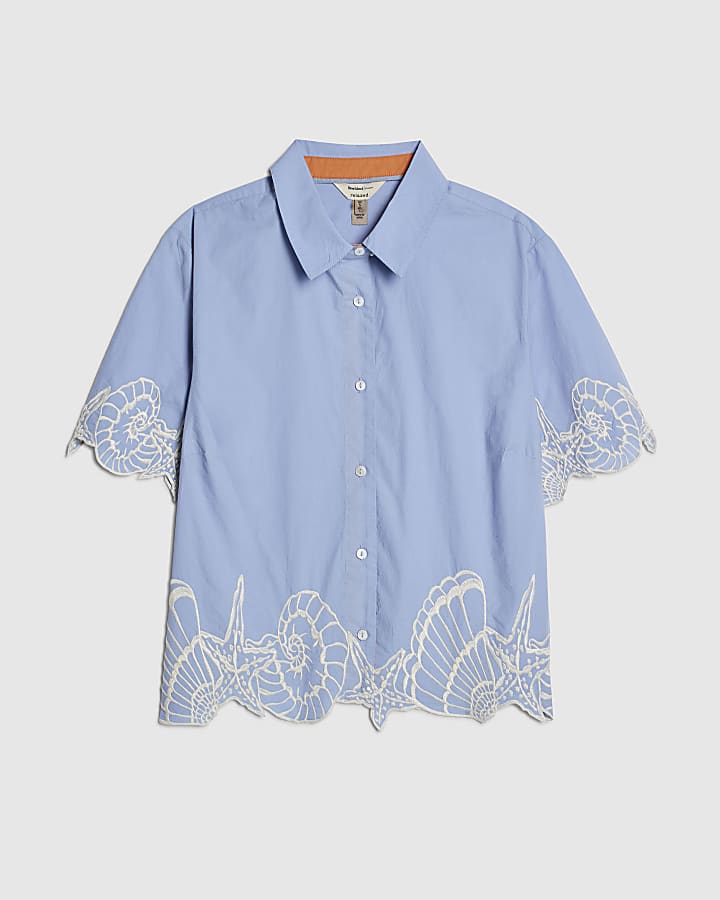 Blue Shell Embroidered Hem Shirt