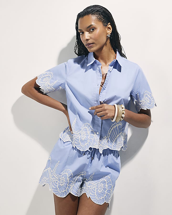 Blue Shell Embroidered Hem Shirt