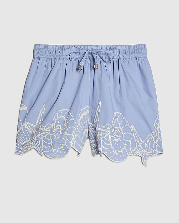 Blue Shell Embroidered Hem Shorts