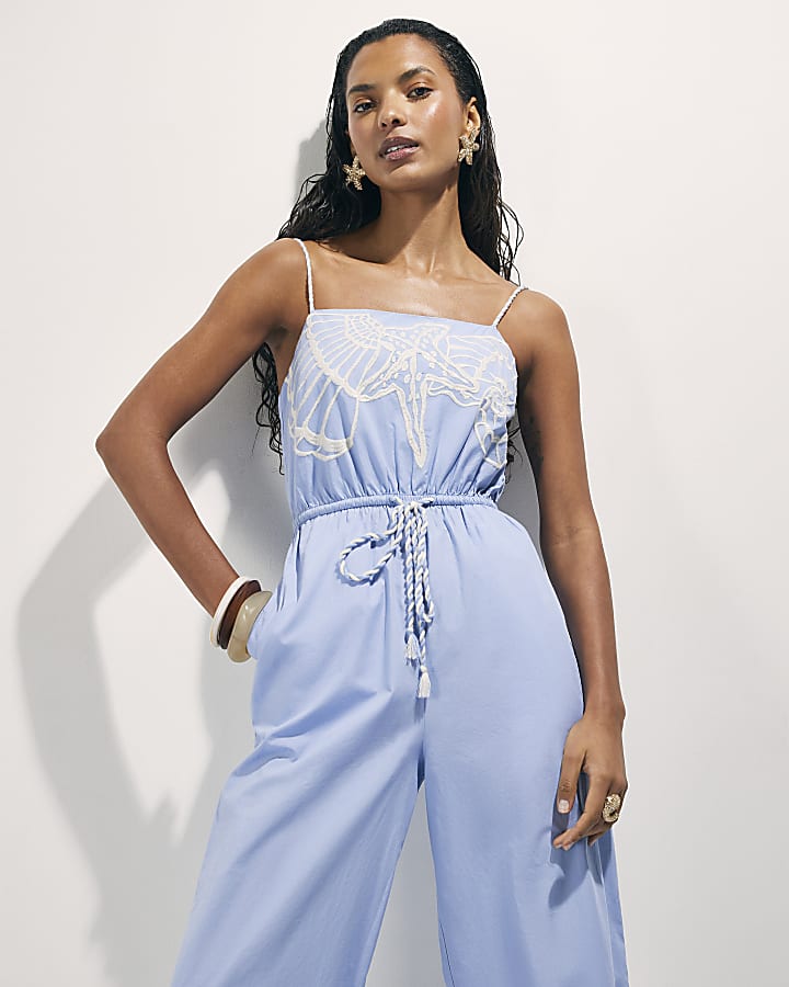 Blue Shell Embroidered Jumpsuit