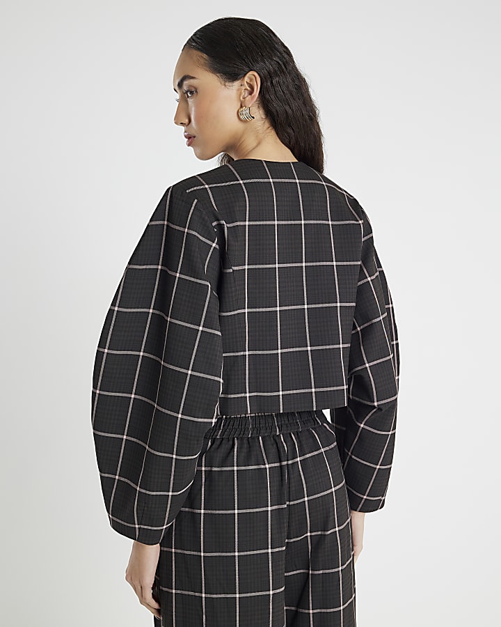 Brown Check Print Banana Sleeve Jacket