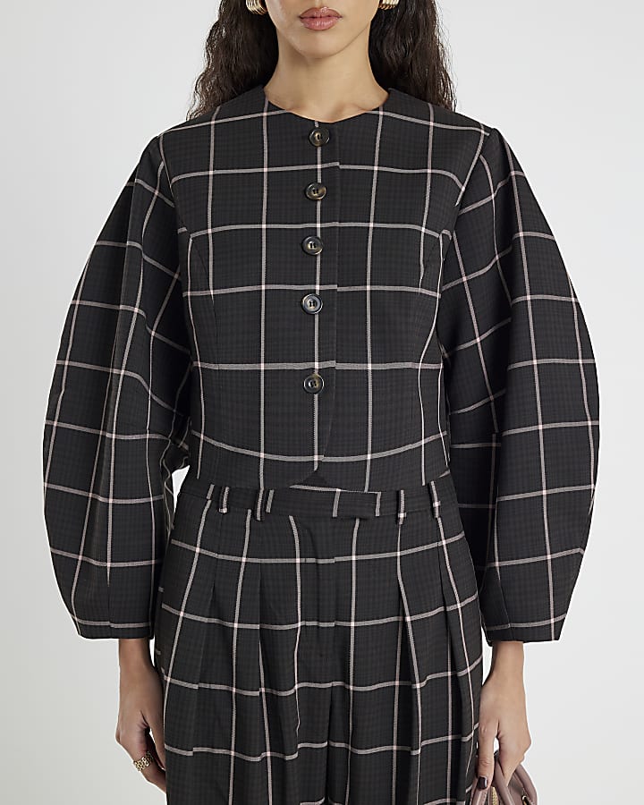 Brown Check Print Banana Sleeve Jacket