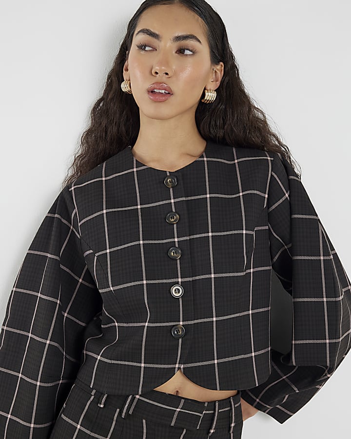 Brown Check Print Banana Sleeve Jacket