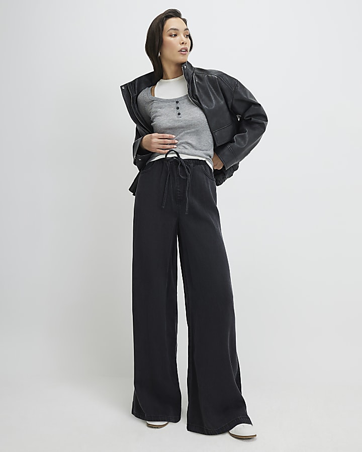 Black Wide Leg Pyjama Style Drawstring Jeans