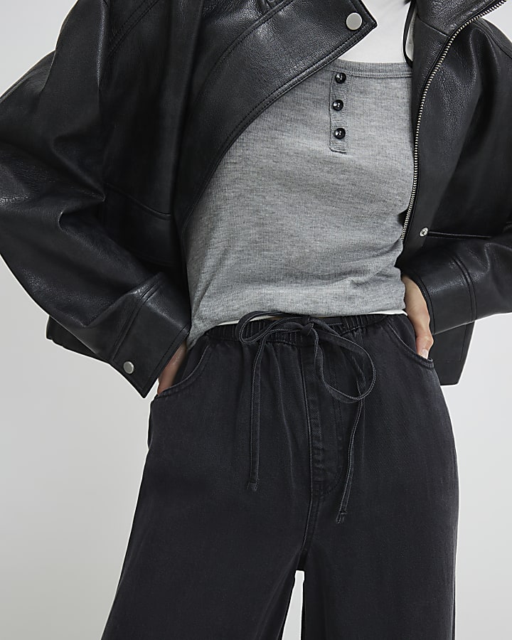 Black Wide Leg Pyjama Style Drawstring Jeans
