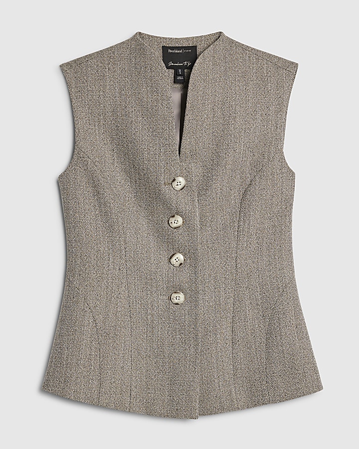 Beige High Neck Flecked Sculpted Waistcoat