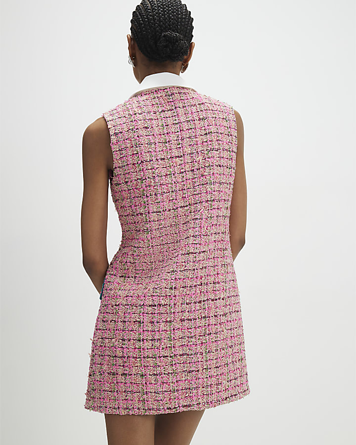 Pink Collared Boucle Whipstitch Mini Dress