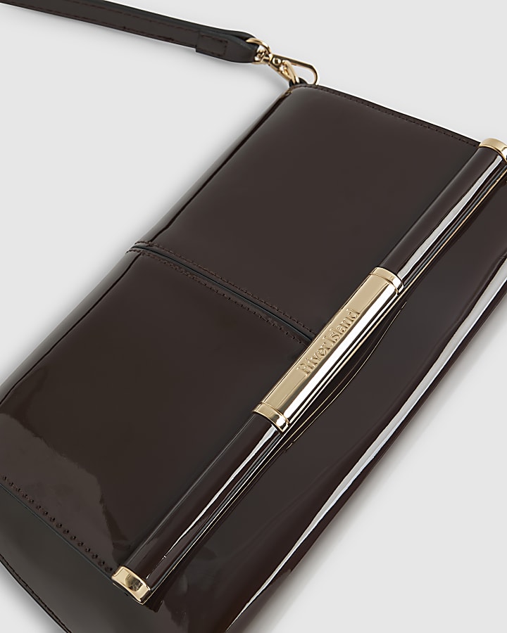 Brown Patent Bar Front Clutch Bag