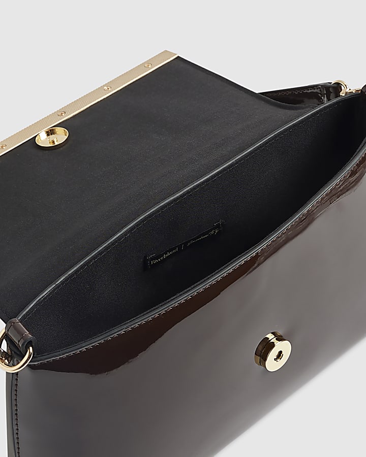 Brown Patent Bar Front Clutch Bag