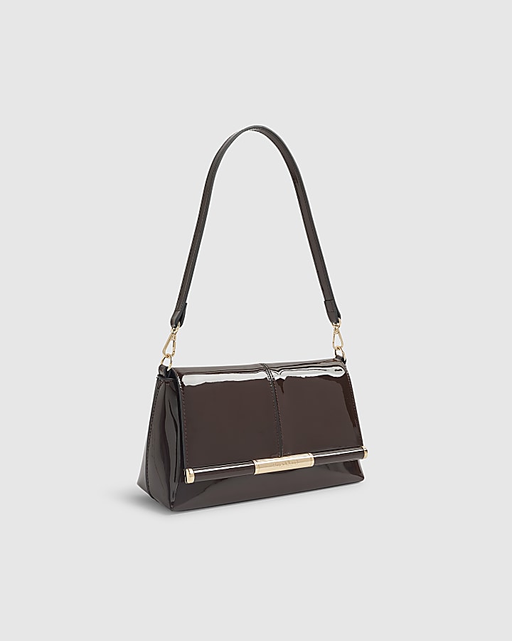 Brown Patent Bar Front Clutch Bag