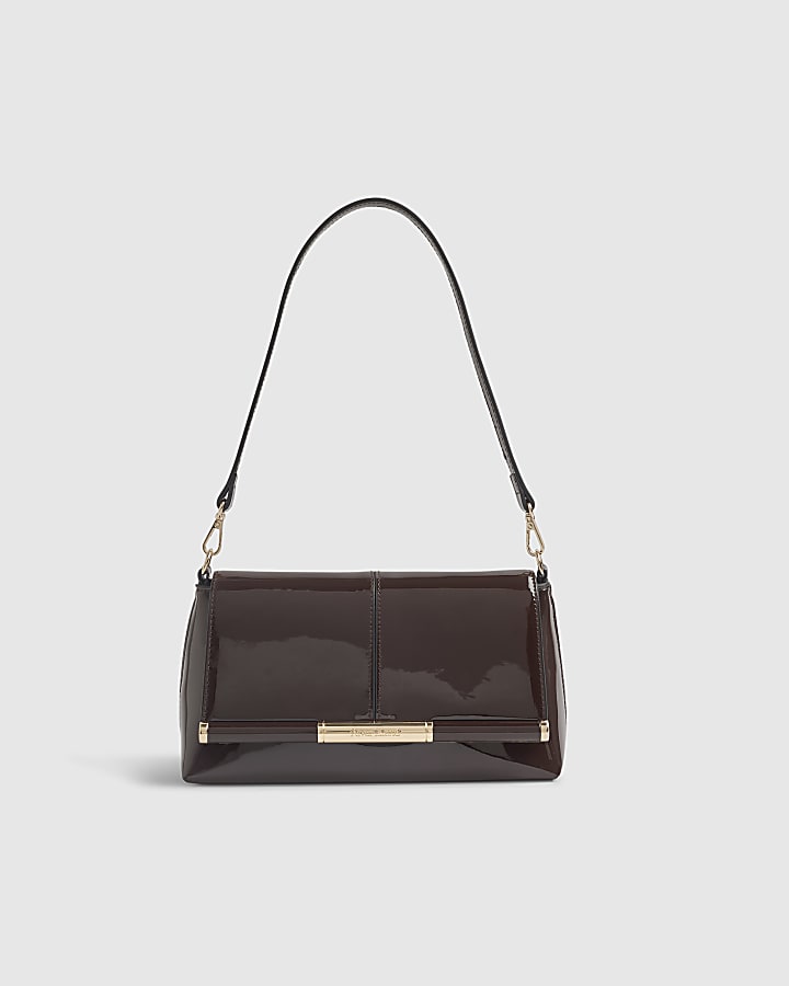 Brown Patent Bar Front Clutch Bag