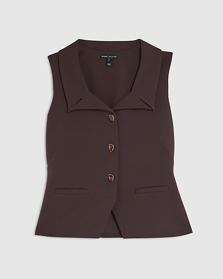 Brown Sleeveless Lapel Waistcoat