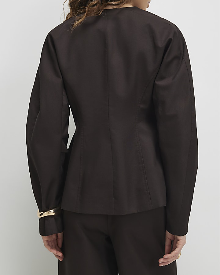 Brown Cotton Collarless Blazer