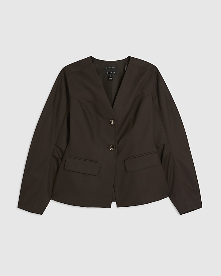 Brown Cotton Collarless Blazer