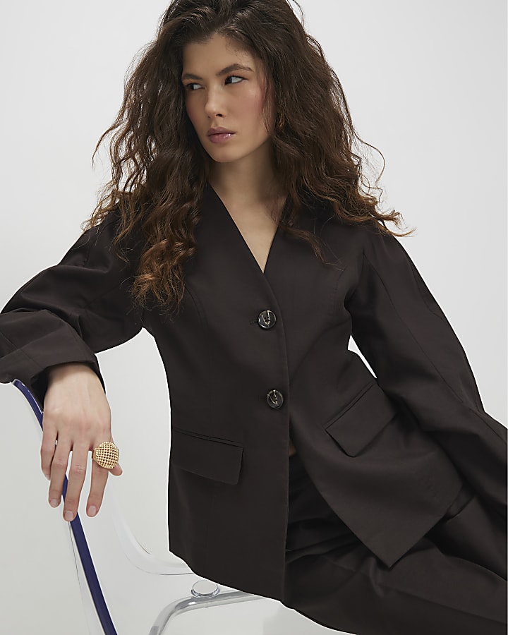 Brown Cotton Collarless Blazer