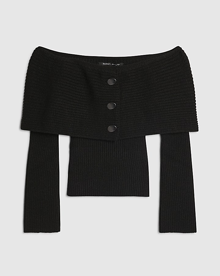 Petite Black Knitted Bardot Jumper