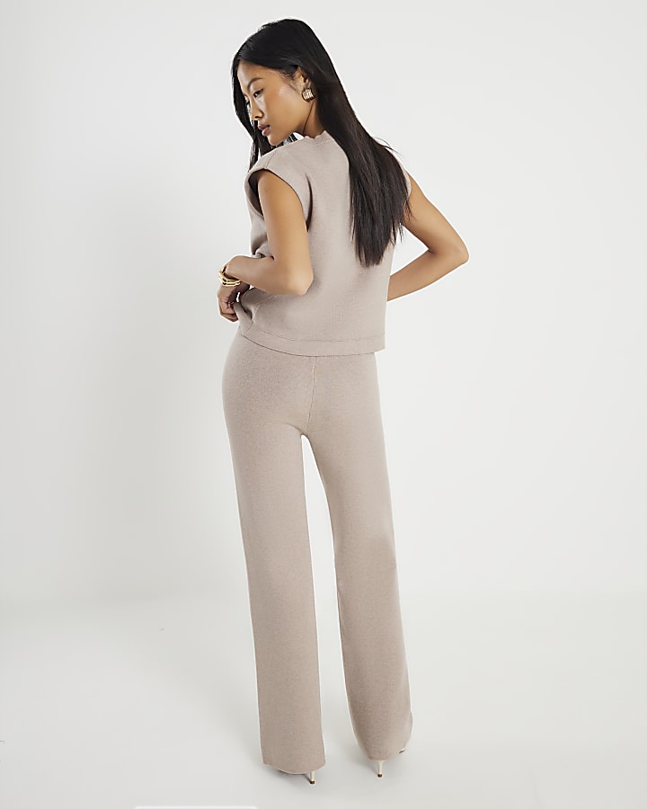 Petite Beige Wide Leg Knitted Trousers