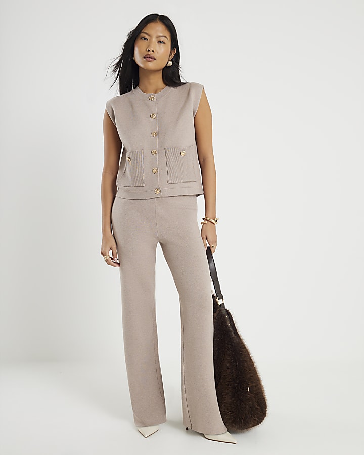 Petite Beige Wide Leg Knitted Trousers