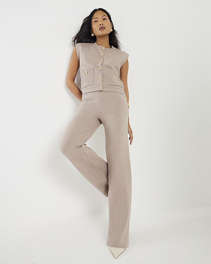 Petite Beige Wide Leg Knitted Trousers