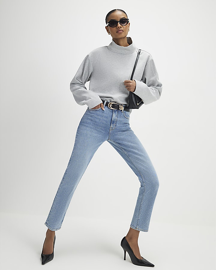 Blue High Rise Ankle Grazer Slim Fit Jeans