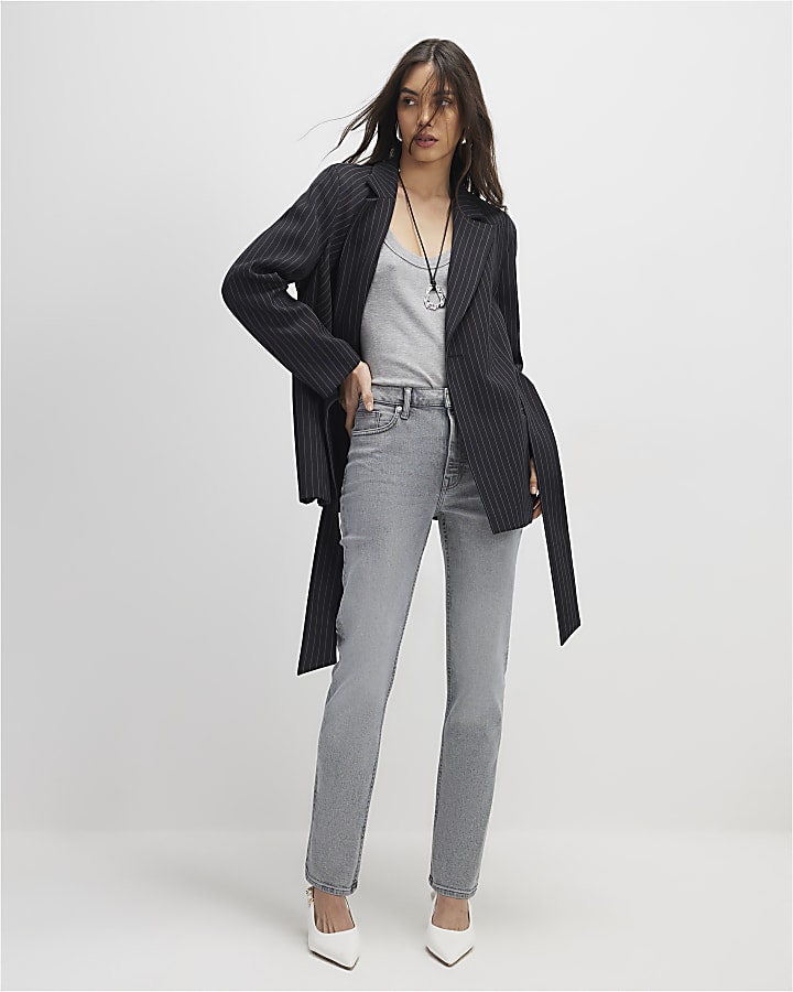 Grey High Waisted Slim Fit Ankle Grazer Jeans