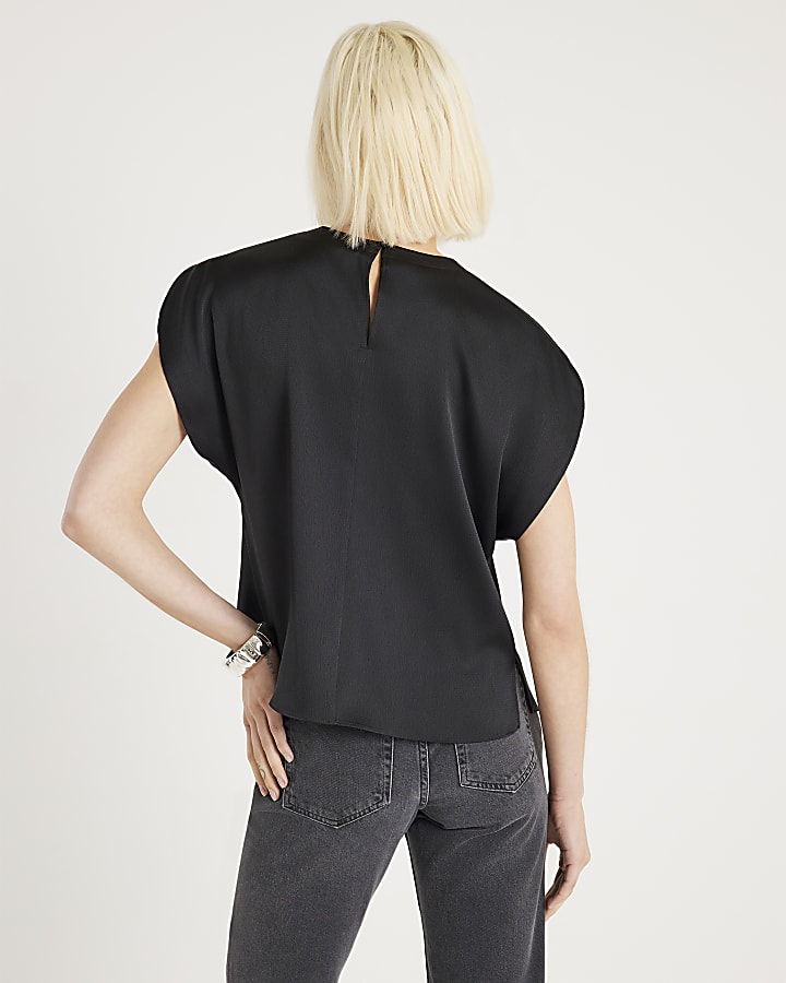 Black Satin Split Sleeve T-shirt