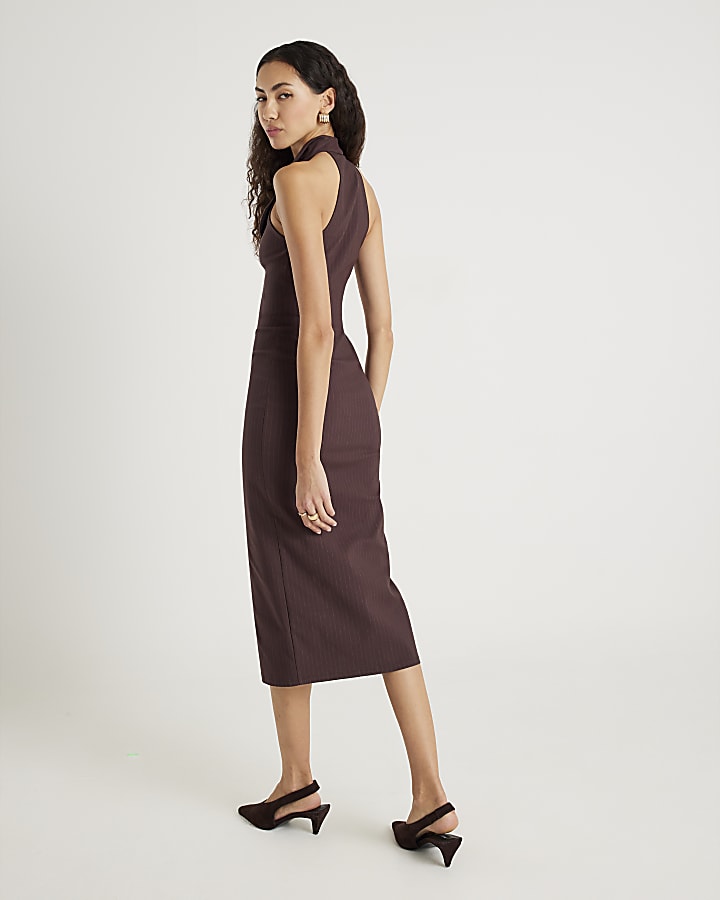 Brown Pinstripe Halter neck Button Midi Dress