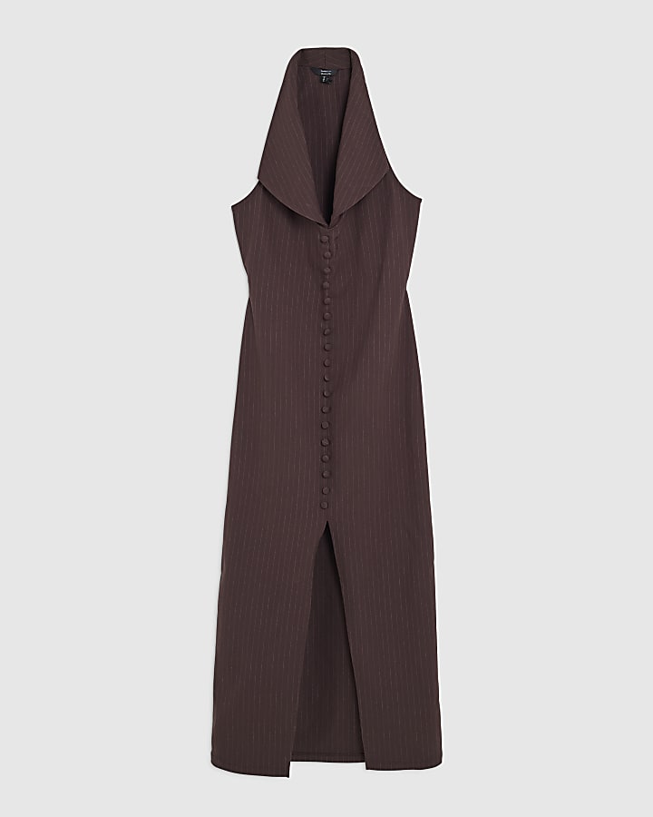 Brown Pinstripe Halter neck Button Midi Dress
