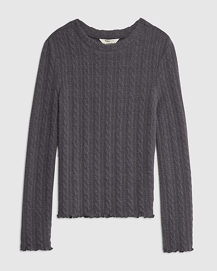 Grey Cable Knit Long Sleeve Fitted Top