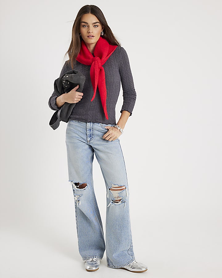 Grey Cable Knit Long Sleeve Fitted Top