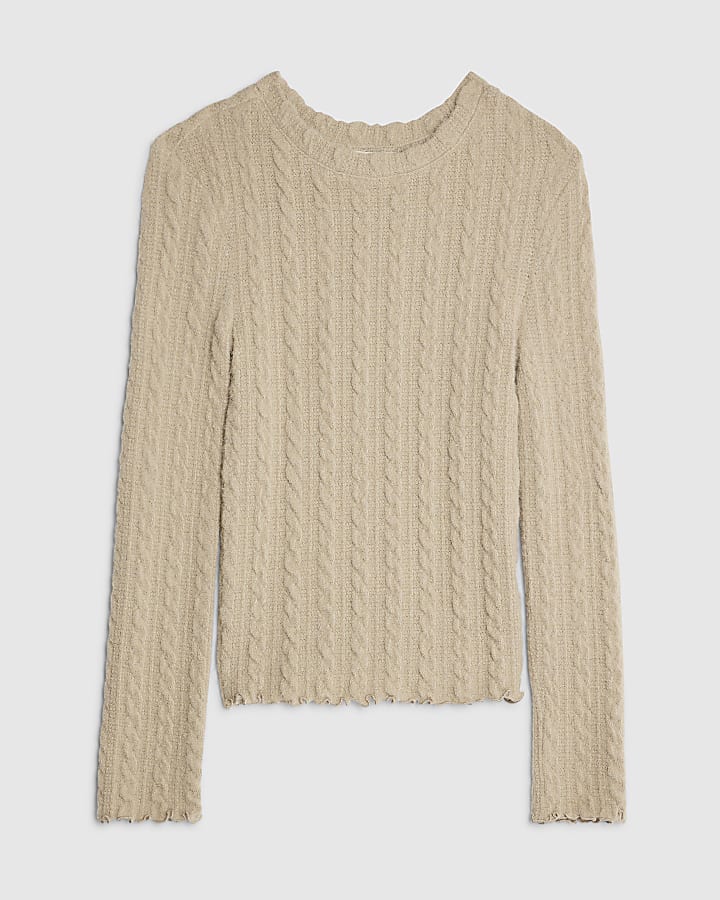 Beige Long Sleeve Cable Knit Fitted Top