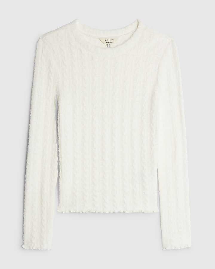 White Long Sleeve Cable Knit Fitted Top