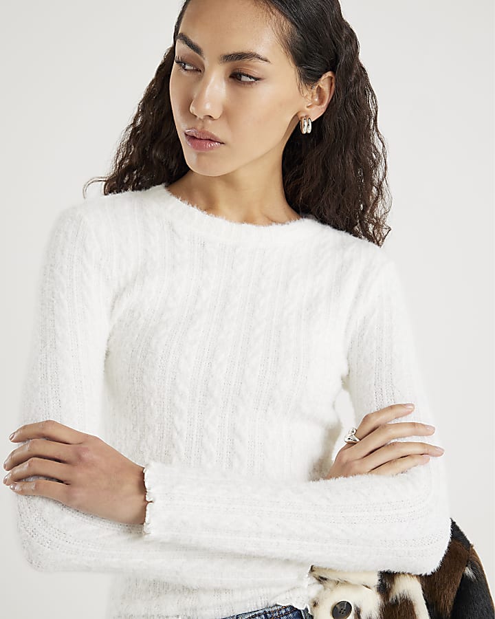 White Long Sleeve Cable Knit Fitted Top