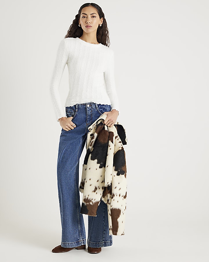 White Long Sleeve Cable Knit Fitted Top