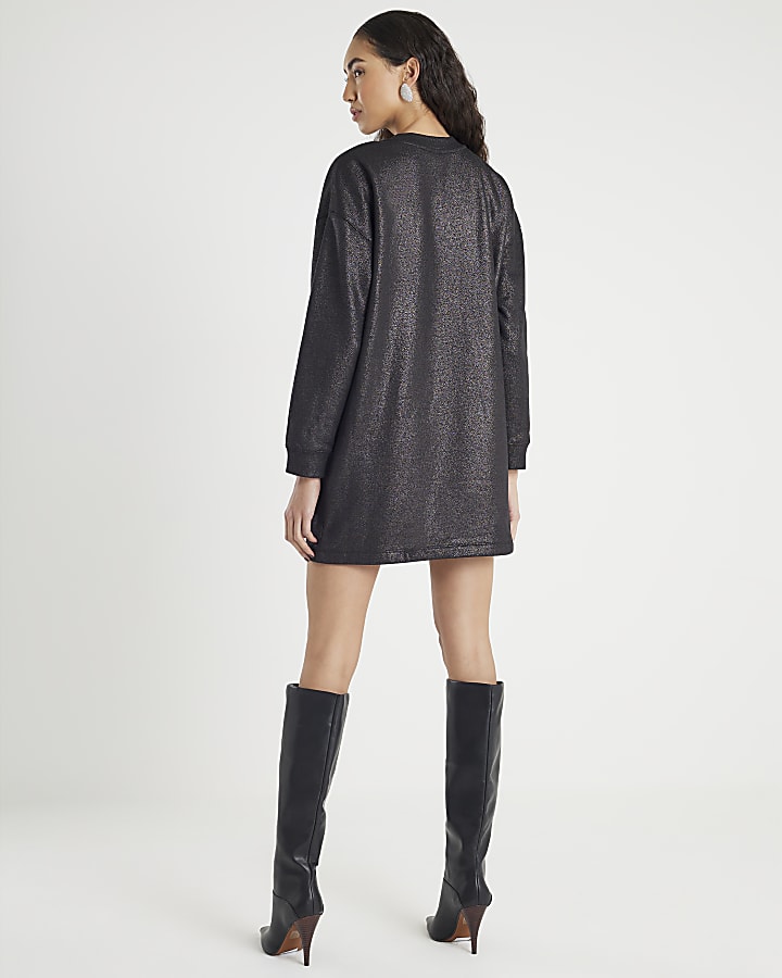 Grey Long Sleeve Necklace Trim Jumper Dress