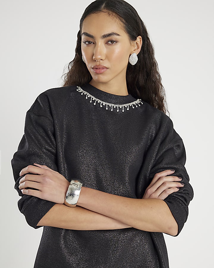 Grey Long Sleeve Necklace Trim Jumper Dress